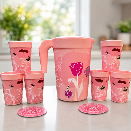 Plastic Water Jug with 6 Drinking Glasses Set (1.5L) – 7 Piece Serving Pitcher Set for Home, Kitchen & Office