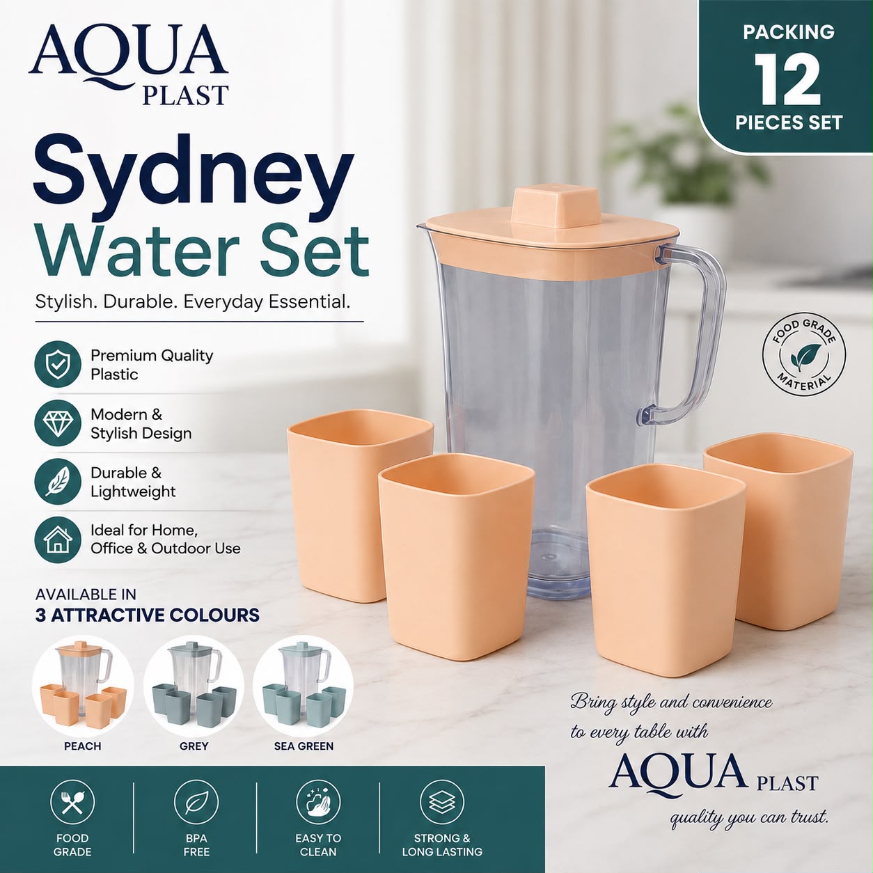 Aquaplast Sydney Water Set – Premium 12 Pieces Water Jug & Glass Set | BPA-Free Plastic Drinkware