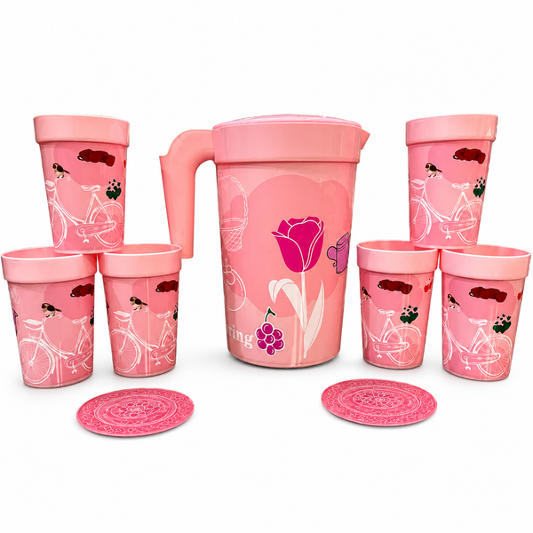 Plastic Water Jug with 6 Drinking Glasses Set (1.5L) – 7 Piece Serving Pitcher Set for Home, Kitchen & Office