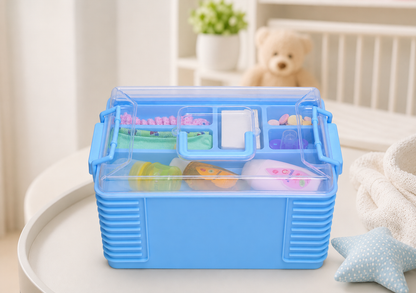 Baby Accessories Storage Box | Multi-Compartment Organizer with Transparent Lid | Portable Baby Care Organizer
