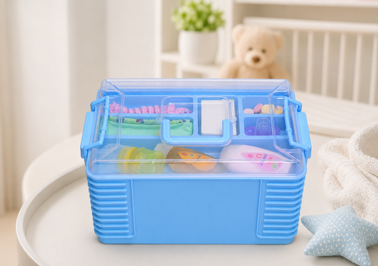 Baby Accessories Storage Box | Multi-Compartment Organizer with Transparent Lid | Portable Baby Care Organizer